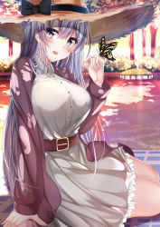 Rule 34 | 1girl, :d, absurdres, arm support, azur lane, belt, blue eyes, blush, braid, breasts, buckle, bug, butterfly, butterfly on hand, coat, day, dress, french braid, hair between eyes, hat, highres, hiragi ringo, insect, large breasts, long hair, looking at viewer, open clothes, open coat, open mouth, outdoors, park, purple coat, rodney (azur lane), shirt, sidelocks, silver hair, sitting, skirt, smile, solo, straw hat, white dress, white shirt, yokozuwari