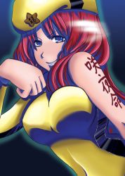 Rule 34 | 1girl, alternate costume, blue eyes, blue lips, braid, breasts, female focus, gradient background, hahashou, hat, hong meiling, immaterial and missing power, lipstick, long hair, makeup, red hair, solo, touhou, twin braids, upper body