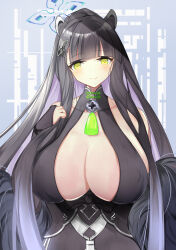 Rule 34 | 1girl, :d, absurdres, animal ear fluff, animal ears, bare shoulders, black dress, black hair, blue archive, blue eyes, breasts, cleavage, closed mouth, collarbone, commentary, dress, highres, large breasts, long hair, looking at viewer, open mouth, senzen (ikusamae), shun (blue archive), smile, solo, upper body, white background