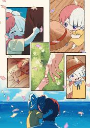 Rule 34 | 1boy, 1girl, aged down, artist request, blue sky, child, dress, father and daughter, grass, grin, happy, hat, headphones, highres, hug, long hair, multicolored hair, ocean, one piece, one piece film: red, open mouth, pale skin, red hair, shanks (one piece), short hair, size difference, sky, smile, straw hat, two-tone hair, uta (one piece), very long hair, water
