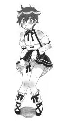 Rule 34 | 1boy, androgynous, blush, clothes lift, crossdressing, dress, dress lift, erection, full body, highres, looking at viewer, maid, male focus, monochrome, no panties, open mouth, penis, penis ribbon, ribbon, short hair, simple background, solo, sweat