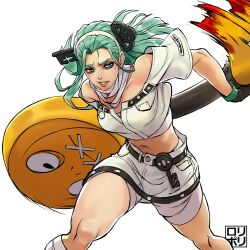 Rule 34 | 1girl, a.b.a, absurdres, bags under eyes, bandages, green eyes, green hair, guilty gear, guilty gear strive, hairband, highres, jamrolypoly, key, key in head, long hair, looking at viewer, object through head, short sleeves, skirt, stitched mouth, stitches, white hairband, white skirt