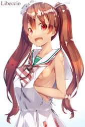 Rule 34 | 10s, 1girl, :d, breast slip, breasts, brown hair, character name, dark-skinned female, dark skin, dress, fang, kantai collection, libeccio (kancolle), long hair, looking at viewer, meth (emethmeth), nipples, no bra, open mouth, red eyes, sailor dress, simple background, small breasts, smile, solo, twintails, white background