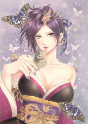 Rule 34 | 1girl, bare shoulders, breasts, brown eyes, bug, butterfly, butterfly background, cleavage, collarbone, earrings, hair ornament, hair stick, bug, japanese clothes, jewelry, jyan borii, kimono, large breasts, mole, mole under mouth, nail polish, nouhime (sengoku musou), purple hair, purple nails, sengoku musou, solo, upper body