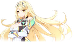 Rule 34 | 1girl, bare shoulders, blonde hair, breasts, chest jewel, cleavage, cleavage cutout, clothing cutout, earrings, elbow gloves, gloves, highres, jewelry, large breasts, long hair, mythra (xenoblade), rx7649, solo, swept bangs, tiara, very long hair, white gloves, xenoblade chronicles (series), xenoblade chronicles 2, yellow eyes