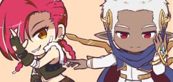 Rule 34 | 1boy, 1girl, bandages, blonde hair, cape, character request, commentary request, elf, long hair, maplestory, nekono rin, open mouth, pointy ears, red eyes, short hair, white hair, yellow eyes