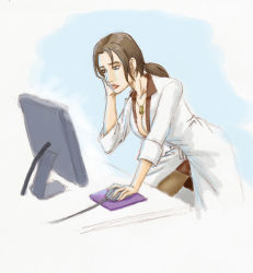 Rule 34 | 1girl, breasts, brown hair, cleavage, computer, image sample, lab coat, metal gear (series), metal gear solid 4: guns of the patriots, monitor, mouse (computer), mousepad, mousepad (object), naomi hunter, ponytail, sleeves rolled up, solo