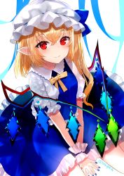 Rule 34 | 1girl, alternate color, alternate neckwear, between legs, blonde hair, blue nails, blue ribbon, blue skirt, blue vest, commentary request, fingernails, flandre scarlet, hair between eyes, hand between legs, hat, hat ribbon, light blush, looking at viewer, mob cap, nail polish, one side up, own hands together, partial commentary, petticoat, pointy ears, puffy short sleeves, puffy sleeves, red eyes, ribbon, sakizaki saki-p, shirt, short hair, short sleeves, simple background, sitting, skirt, smile, solo, touhou, twitter username, vest, wariza, white background, white hat, white shirt, wings, wrist cuffs, yellow neckwear, yellow ribbon