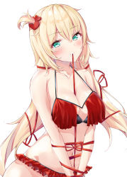 Rule 34 | 1girl, absurdres, akai haato, akai haato (hololive summer 2019), bikini, blonde hair, blush, breasts, cleavage, commentary request, frilled bikini, frills, green eyes, hair between eyes, hair ornament, heart, heart hair ornament, highres, hololive, large breasts, long hair, looking at viewer, mouth hold, red bikini, red ribbon, ribbon, side ponytail, simple background, solo, swimsuit, taracomax, virtual youtuber, white background
