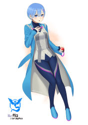 Rule 34 | 10s, 1girl, absurdres, artist name, blanche (pokemon), blanche (pokemon) (cosplay), blue coat, blue eyes, blue footwear, blue hair, blush, carlo montie, coat, cosplay, creatures (company), full body, game freak, hair between eyes, hair ornament, hand on own chest, highres, holding, holding poke ball, looking at viewer, nintendo, open clothes, open coat, pants, parted lips, poke ball, poke ball (basic), pokemon, pokemon go, re:zero kara hajimeru isekai seikatsu, rem (re:zero), short hair, sleeves past wrists, solo, x hair ornament