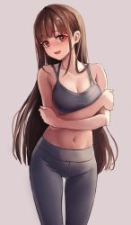 Rule 34 | 1girl, bad id, bad pixiv id, bare shoulders, blush, bra, breasts, brown eyes, brown hair, chirang, cleavage, collarbone, crossed arms, grey bra, grey pants, highres, idolmaster, idolmaster shiny colors, large breasts, long hair, looking at viewer, navel, open mouth, pants, smile, solo, sonoda chiyoko, sports bra, thighs, underwear, wavy mouth, yoga pants