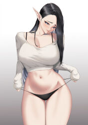 Rule 34 | 1girl, black hair, black panties, blue eyes, blueorca, breasts, bright pupils, closed mouth, commentary, cowboy shot, cropped sweater, elf, gradient background, highres, large breasts, long hair, long sleeves, mole, mole under mouth, navel, no pants, original, panties, pointy ears, simple background, sleeves past wrists, solo, strap pull, sweater, underwear, white pupils, white sweater