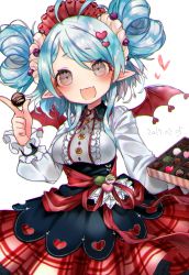 Rule 34 | 1girl, 2017, :d, antenna hair, bad id, bad pixiv id, bat wings, blue hair, box, breasts, candy, center frills, chocolate, chocolate heart, chromatic aberration, clothing cutout, collared shirt, corsage, cowboy shot, cream, cross, cube, dated, diamond (shape), double bun, fangs, flower, food, food-themed hair ornament, fork, frills, gift, gift box, grey eyes, hair bun, hair ornament, heart, heart cutout, heart hair bun, holding, holding food, inverted cross, komeko meko (mecolate), lace, looking at viewer, maid headdress, medium breasts, open mouth, orb, original, overskirt, plaid, plaid skirt, pleated skirt, pointy ears, red ribbon, red skirt, red wings, ribbon, rose, sash, shirt, simple background, skirt, smile, solo, spoon, swept bangs, underbust, valentine, white background, white shirt, wings, wrist cuffs, yellow flower, yellow rose