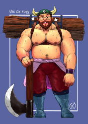 Rule 34 | 1boy, abs, absurdres, alternate costume, axe, bara, battle axe, beard, belly, breath, brown hair, bulge, chest harness, dragon ball, facial hair, fake horns, glasses, gyuu mao, harness, hat, highres, horned headwear, horns, large pectorals, male focus, mature male, muscular, muscular male, navel, navel hair, nipples, pants, pectorals, planted, red pants, short hair, solo, stomach, sweat, topi (topi5356), topless male, underbust, weapon, wood