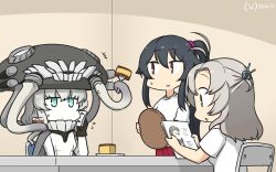 Rule 34 | 3girls, abyssal ship, alternate costume, black hair, cake, castella (food), colored skin, commentary request, dated, food, glass, green eyes, grey hair, hair tie, hamu koutarou, headgear, highres, kantai collection, kinugasa (kancolle), long hair, medium hair, multiple girls, one-hour drawing challenge, one side up, pale skin, ponytail, reading, red eyes, shirt, sidelocks, t-shirt, table, teeth, tentacles, tray, white shirt, white skin, wo-class aircraft carrier, yahagi (kancolle)