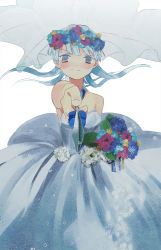 Rule 34 | 10s, 1girl, ansatsu kyoushitsu, bare shoulders, blue hair, bouquet, bridal veil, dress, flower, highres, kataoka megu, knife, long hair, una (mazinger), veil, wedding dress