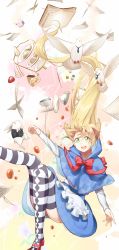 Rule 34 | 1girl, alice in wonderland, apron, bad id, bad pixiv id, bird, blonde hair, book, bow, cake, cape, cup, dove, falling, food, green eyes, mary janes, necktie, open mouth, original, panda (pandadesu), rabbit, shoes, skirt, solo, striped clothes, striped thighhighs, teacup, thighhighs