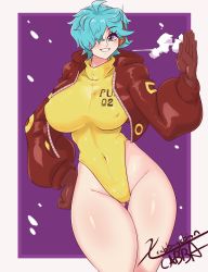 Rule 34 | 1girl, absurdres, adjusting clothes, artist name, bare legs, blue hair, breasts, cabbagebinn, cameltoe, covered navel, curvy, eyelashes, gloves, hair over one eye, hand on own hip, highleg, highleg leotard, highres, jacket, large breasts, leotard, looking at viewer, one piece, salute, shiny clothes, shiny skin, short hair, simple background, smile, solo, thick thighs, thighs, vegapunk lilith, wide hips, yellow leotard