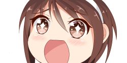 Rule 34 | + +, 10s, 1girl, brown eyes, brown hair, close-up, hairband, kantai collection, looking at viewer, nahaki, natori (kancolle), no nose, open mouth, portrait, short hair, simple background, sin-poi, solo, sparkling eyes, symbol-shaped pupils, white background