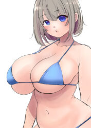 Rule 34 | 1girl, :o, absurdres, arm at side, arm behind back, belly, bikini, blue bikini, blue eyes, breasts, cleavage, curvy, expressionless, hair between eyes, highres, huge breasts, light blush, light brown hair, navel, open mouth, original, sgwmanga, short hair, simple background, skindentation, solo, strap gap, string bikini, swimsuit, upper body, white background