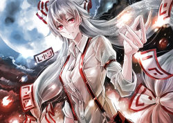 Rule 34 | 1girl, backlighting, bow, breasts, closed mouth, commentary request, dress shirt, fire, floating hair, fujiwara no mokou, full moon, hair bow, jan (lightdragoon), light smile, long hair, looking at viewer, medium breasts, moon, night, ofuda, parted lips, red eyes, shirt, silver hair, sleeves rolled up, solo, suspenders, touhou, upper body, very long hair, white shirt