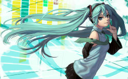 Rule 34 | 00s, 1girl, aqua hair, arms behind back, bare shoulders, blue eyes, detached sleeves, finger to face, hatsune miku, headphones, highres, lasterk, long hair, looking at viewer, necktie, pleated skirt, skirt, smile, solo, twintails, very long hair, vocaloid, wallpaper