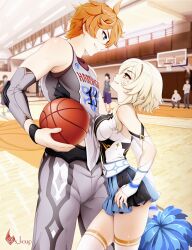 Rule 34 | 1boy, 1girl, alternate costume, anger vein, angry, ball, basketball, basketball (object), basketball jersey, basketball uniform, blonde hair, breast press, breasts, cheerleader, contemporary, eye contact, genshin impact, hair between eyes, hair ornament, height difference, hetero, highres, holding, holding ball, holding pom poms, looking at another, lumine (genshin impact), medium breasts, pom pom (cheerleading), pom poms, shailo, short hair, short hair with long locks, sportswear, tartaglia (genshin impact), yellow eyes