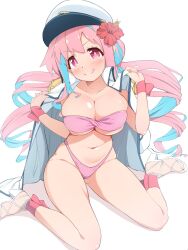 Rule 34 | 1girl, :q, adjusting clothes, bare arms, bare legs, bikini, blue hair, blush, breasts, closed mouth, coat, coat on shoulders, collarbone, commentary request, dot nose, drill hair, epaulettes, flower, hair between eyes, hair flower, hair ornament, hair tie, hands up, hat, high heels, highleg, highleg bikini, highres, hozuki kaede, large breasts, licking lips, long sleeves, looking at viewer, military coat, military hat, multicolored hair, navel, nekono matatabi, official alternate costume, official alternate hairstyle, onii-chan wa oshimai!, open clothes, open coat, peaked cap, pink bikini, pink eyes, pink hair, red flower, red wrist cuffs, simple background, skindentation, smile, solo, streaked hair, swimsuit, thighs, tongue, tongue out, twintails, white background, white coat, white footwear, white hat, wrist cuffs