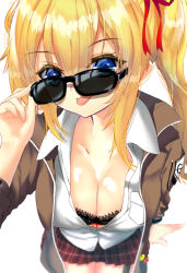 Rule 34 | 1girl, adjusting eyewear, adjusting glasses, alternate hair color, arm at side, aserora2a, bad id, bad pixiv id, black bra, blonde hair, blue eyes, blurry, bra, breasts, brown jacket, cleavage, close-up, collarbone, downblouse, elbow gloves, frilled bra, frills, girls&#039; frontline, gloves, hair between eyes, hair ribbon, hand up, jacket, kalina (girls&#039; frontline), large breasts, leaning forward, legs together, long hair, long sleeves, looking at viewer, looking over eyewear, looking over glasses, partially unbuttoned, plaid, plaid skirt, pleated skirt, pocket, red ribbon, reflection, ribbon, shiny skin, shirt, side ponytail, sidelocks, skirt, sleeve rolled up, solo, sunglasses, tinted eyewear, tongue, tongue out, underwear, white shirt
