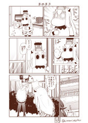 Rule 34 | (o) (o), 2girls, apron, artist name, balcony, beans, bowing, collar, comic, commentary request, computer, door, emphasis lines, hand on own hip, highres, horns, index finger raised, jewelry, kantai collection, legs together, long hair, mask, mask on head, mittens, monochrome, moomin, multiple girls, muppo, necklace, oni costume, oni mask, pointer, sazanami konami, setsubun, sidelocks, sweatdrop, taigei (kancolle), television, throwing, translation request, twitter username, whale