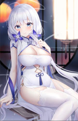 Rule 34 | 1girl, azur lane, blue eyes, blurry, blush, breasts, china dress, chinese clothes, cleavage, closed mouth, depth of field, dress, garter straps, hair ornament, highres, illustrious (azur lane), illustrious (maiden lily&#039;s radiance) (azur lane), jyu-so, large breasts, long hair, looking at viewer, mole, mole under eye, official alternate costume, short sleeves, side slit, sitting, smile, solo, thighhighs, thighs, white dress, white hair, white thighhighs