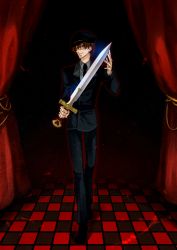 Rule 34 | absurdres, ace (playing card), alice in the country of the heart, brown hair, card, hat, highres, jacket, necktie, playing card, red eyes, short hair, sword, uniform, weapon