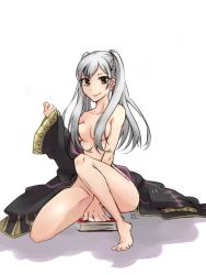 Rule 34 | 1girl, book, cloak, convenient censoring, fire emblem, fire emblem awakening, hiyokobenio, kneeling, looking at viewer, my unit, nintendo, nude, robin (female) (fire emblem), robin (fire emblem), silver hair, solo, twintails, white background