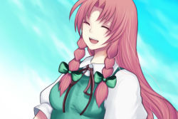Rule 34 | 1girl, :d, ^ ^, bad id, bad pixiv id, braid, breasts, closed eyes, dress, embodiment of scarlet devil, female focus, green dress, harano, hong meiling, long hair, medium breasts, open mouth, puffy short sleeves, puffy sleeves, red hair, ribbon, short sleeves, sky, smile, solo, touhou, twin braids, upper body, very long hair