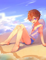 Rule 34 | 1boy, arm support, barefoot, beach, blue eyes, brown hair, cloud, day, fang, feet, hair between eyes, highres, hood, hood down, hoodie, knees together feet apart, knees up, looking at viewer, male focus, midriff peek, moxing guo, on ground, open mouth, original, outdoors, sand, short shorts, shorts, sitting, sky, sleeveless, sleeveless hoodie, smile, solo, toes, water