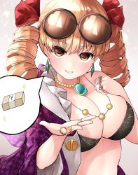Rule 34 | 1girl, amazaki ria, banknote, black bra, blonde hair, blush, bra, breasts, cleavage, collarbone, commentary, drill hair, earrings, eyelashes, eyewear on head, gem, hair ribbon, hat, highres, jacket, jewelry, large breasts, long sleeves, medium hair, money, multiple rings, open clothes, open jacket, open mouth, purple jacket, red ribbon, ribbon, ring, round eyewear, solo, sparkle, symbol-only commentary, top hat, touhou, underwear, yen, yorigami jo&#039;on