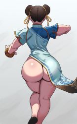 Rule 34 | 1girl, adapted costume, ass, blue dress, bracelet, brown hair, capcom, chinese clothes, chun-li, cowboy shot, double bun, dress, from behind, grey background, hair bun, hair ribbon, highres, huge ass, jewelry, kneepits, ribbon, shiny skin, short sleeves, simple background, solo, standing, standing on one leg, street fighter, street fighter 6, thighs, thong, ytrall