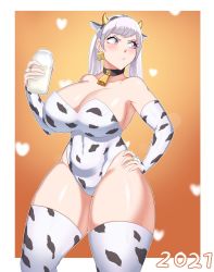 Rule 34 | 1girl, 2021, animal ears, animal print, arm sleeves, armpits, black clover, blush, bottle, breasts, choker, cleavage, cow girl, cow print, cowbell, curvy, earrings, hand on own hip, heart, highres, horns, jewelry, large breasts, linkxs, long hair, looking to the side, milk, milk bottle, noelle silva, pout, purple eyes, simple background, solo, thick thighs, thighhighs, thighs, twintails, white hair, wide hips