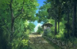 Rule 34 | blue sky, building, cloud, day, derivative work, flower, forest, grass, green theme, hosoi mikio, nature, no humans, outdoors, plant, road, scenery, sky, stone wall, studio ghibli, traditional media, tree, wall