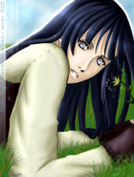 Rule 34 | 1girl, :d, black hair, blue sky, blush, flower, grass, hyuuga hinata, looking at viewer, lying, naruto (series), naruto shippuuden, nio-sama, on stomach, open mouth, parted lips, plant, purple eyes, sky, smile, solo, teeth, upper body
