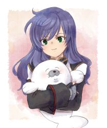 Rule 34 | 1girl, animal, blue hair, closed mouth, fingerless gloves, gloves, green eyes, highres, holding, long hair, looking at viewer, maria traydor, mochiccco, seal (animal), simple background, smile, solo, star ocean, star ocean till the end of time