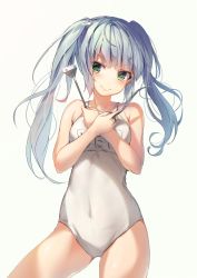 Rule 34 | 1girl, covered navel, cowboy shot, green eyes, long hair, looking at viewer, name tag, one-piece swimsuit, original, school swimsuit, scissors, silver hair, simple background, smile, solo, spatula, swimsuit, thighs, twintails, v-shaped eyebrows, white background, white school swimsuit, white one-piece swimsuit, wingheart