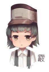 Rule 34 | 1girl, arare (kancolle), black hair, brown eyes, character name, commentary, english commentary, expressionless, hat, highres, jacy, kantai collection, short hair, solo, suspenders, upper body