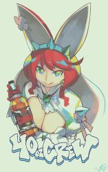 Rule 34 | 1girl, alcohol, animal ears, blue eyes, breast press, breasts, cleavage, cleavage cutout, clothing cutout, elphelt valentine, english text, female focus, guilty gear, guilty gear xrd, highres, large breasts, licking lips, looking at viewer, rabbit ears, red hair, short hair, simple background, solo, tongue, tongue out, woofycakes