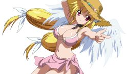 Rule 34 | :&gt;, absurdres, angel, angel wings, astraea (sora no otoshimono), bikini, blonde hair, breasts, cleavage, hat, highres, large breasts, pointing, red eyes, sarong, sora no otoshimono, straw hat, swimsuit, twintails, vector trace, wings