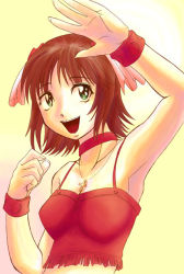 Rule 34 | 00s, 1girl, :d, amami haruka, armpits, bracelet, breasts, brown hair, camisole, choker, cleavage, cool &amp; sexy (idolmaster), fighting stance, green eyes, idolmaster, idolmaster (classic), idolmaster 1, jewelry, looking at viewer, mash, mash (masurawo), necklace, open mouth, short hair, smile, solo, upper body