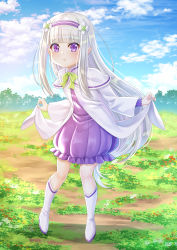 Rule 34 | 1girl, :t, aged down, blue sky, boots, bow, capelet, child, closed mouth, cloud, cloudy sky, commentary, day, dress, emilia (re:zero), flower, frilled dress, frills, green bow, hair flower, hair ornament, hairband, highres, long hair, long sleeves, looking at viewer, outdoors, pointy ears, pout, purple dress, purple eyes, purple hairband, re:zero kara hajimeru isekai seikatsu, silver hair, skirt hold, sky, solo, standing, symbol-only commentary, very long hair, villyane, white capelet, white dress, white flower, white footwear, wide sleeves