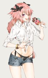 Rule 34 | 1boy, ;d, androgynous, astolfo (fate), astolfo (sugar vacation) (fate), bikini, black bow, blue shorts, blush, bow, bracelet, braid, buttons, clothes pull, collarbone, collared shirt, commentary request, denim, denim shorts, dress shirt, eyelashes, fang, fate/grand order, fate (series), fingernails, food, grey background, groin, hair between eyes, hair intakes, hair ornament, hair ribbon, hand up, holding, holding food, ice cream, ice cream cone, jewelry, legs apart, long hair, looking at viewer, male focus, midriff, navel, official alternate costume, one eye closed, open fly, open mouth, pink hair, pulling own clothes, purple eyes, ribbon, see-through, shirt, shirt pull, short shorts, shorts, side-tie bikini bottom, simple background, single braid, sino42, sleeves past elbows, sleeves pushed up, smile, standing, stomach, swimsuit, toned, trap, triple scoop, unbuttoned, white shirt, wrist straps