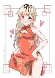 Rule 34 | 1girl, alternate costume, black ribbon, blonde hair, breasts, china dress, chinese clothes, cleavage, cleavage cutout, clothing cutout, covered navel, cowboy shot, dress, floral print, grin, hair flaps, hair ornament, hair ribbon, hairclip, highres, kantai collection, long hair, medium breasts, no chi (aka hara), red dress, red eyes, ribbon, skirt hold, smile, solo, standing, white background, yuudachi (kancolle)