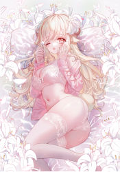 Rule 34 | 1girl, ;d, animal ears, ass, bare shoulders, bed sheet, blonde hair, bow, bow bra, bra, breasts, cleavage, feet out of frame, flower, grey thighhighs, hands up, highres, holding, horns, jacket, long hair, looking at viewer, lying, medium breasts, mimikaki, no shoes, off shoulder, on side, one eye closed, open clothes, open jacket, open mouth, original, panties, pink jacket, red eyes, sheep ears, sheep girl, sheep horns, sheep tail, smile, solo, tail, tandohark, thighhighs, underwear, very long hair, white bra, white flower, white panties